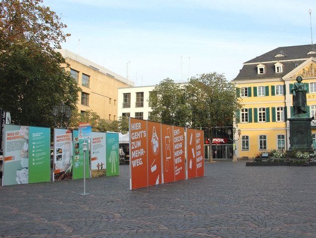 Bonn geht den Mehrweg: Aktionsstand vor Beethovenstatue auf dem Münsterplatz