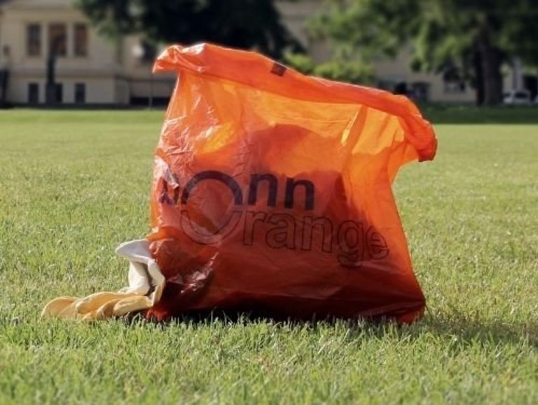 Ein orangener Abfallsack auf einer Wiese in Bonn.