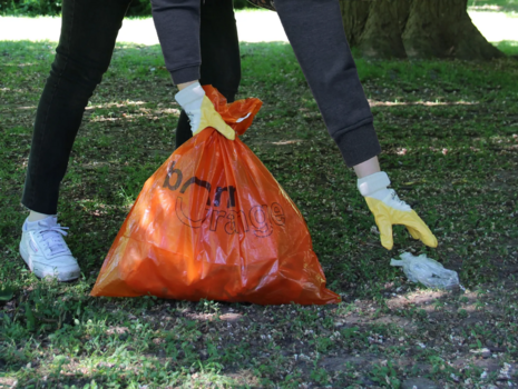 Eine Person mit einem orangefarbenen Müllsack und Handschuhen sammelt Müll auf einer Wiese.