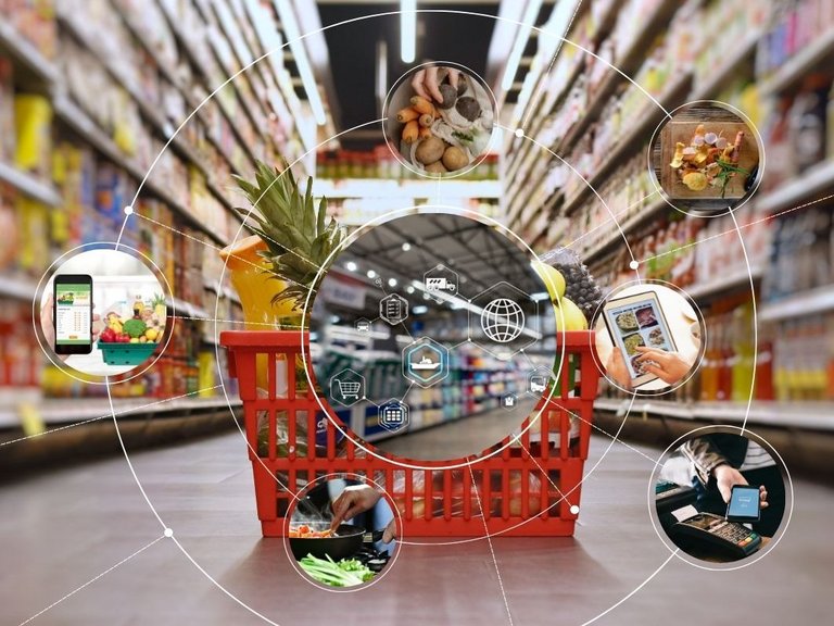 Einkaufskorb im Hintergrund, im Vordergrund verschiedene Punkte der Digitalisierung