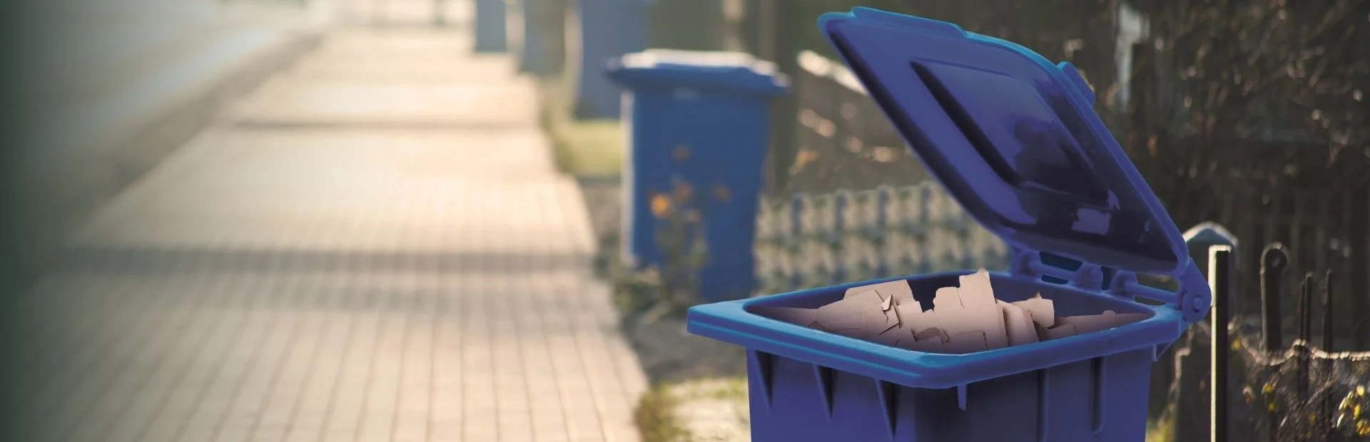 Sliderbild mit Blauen Papiertonnen in einer Straße